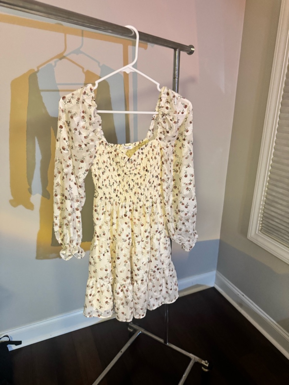 Altar’d State Cream Floral Smocked Mini Dress - Burgundy Rose Print